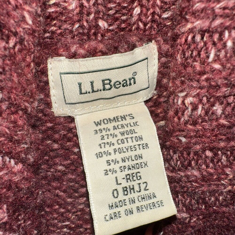 LL Bean Women's Cardigan Sweater Size L Cable Knit Burgundy Button Up Wool Blend - Picture 3 of 5